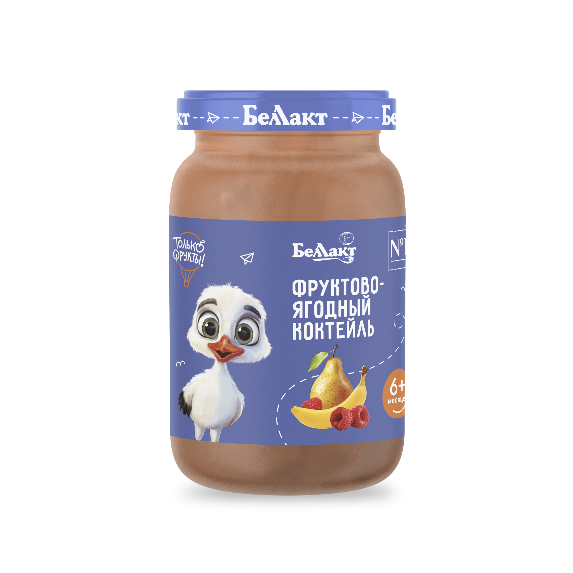 Пюре для детского питания "Беллакт"  из груш, банана и малины "Фруктово-ягодный коктейль", 170 г.