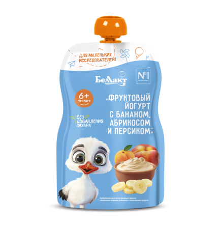 Пюре «Фруктовый йогурт с бананом, абрикосом и персиком» «Беллакт», 90 г.