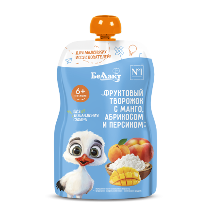 Пюре «Детский фруктовый творожок с манго, абрикосом и персиком» «Беллакт», 90 г.