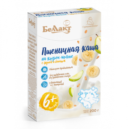 Каша пшеничная с грушей и бананом на козьем молоке «Беллакт», 200 г.
