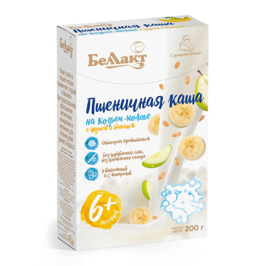 Каша пшеничная с грушей и бананом на козьем молоке «Беллакт», 200 г.