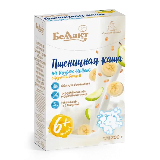 Каша пшеничная с грушей и бананом на козьем молоке «Беллакт», 200 г.