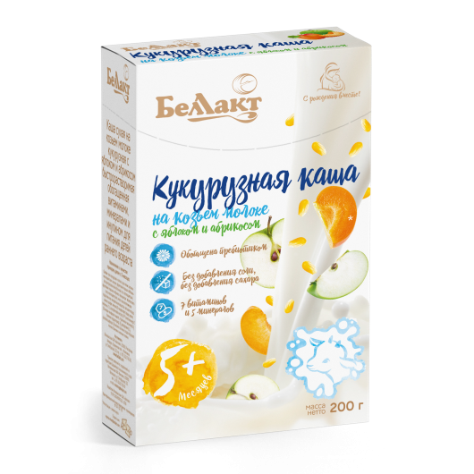 Каша кукурузная с яблоком и абрикосом на козьем молоке «Беллакт», 200 г.