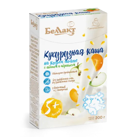 Каша кукурузная с яблоком и абрикосом на козьем молоке «Беллакт», 200 г.