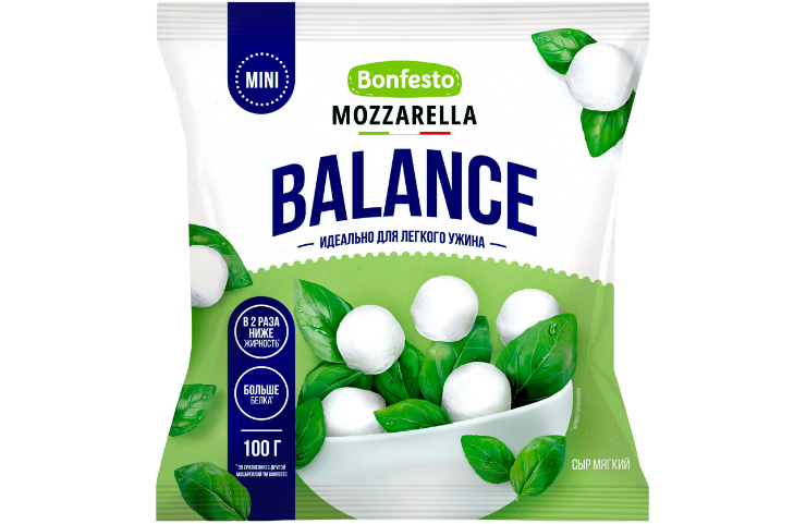 Сыр мягкий "Моцарелла" Bonfesto, 12 шариков, 45 %, 100 г.