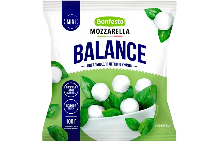 Сыр мягкий "Моцарелла" Bonfesto, 12 шариков, 45 %, 100 г.